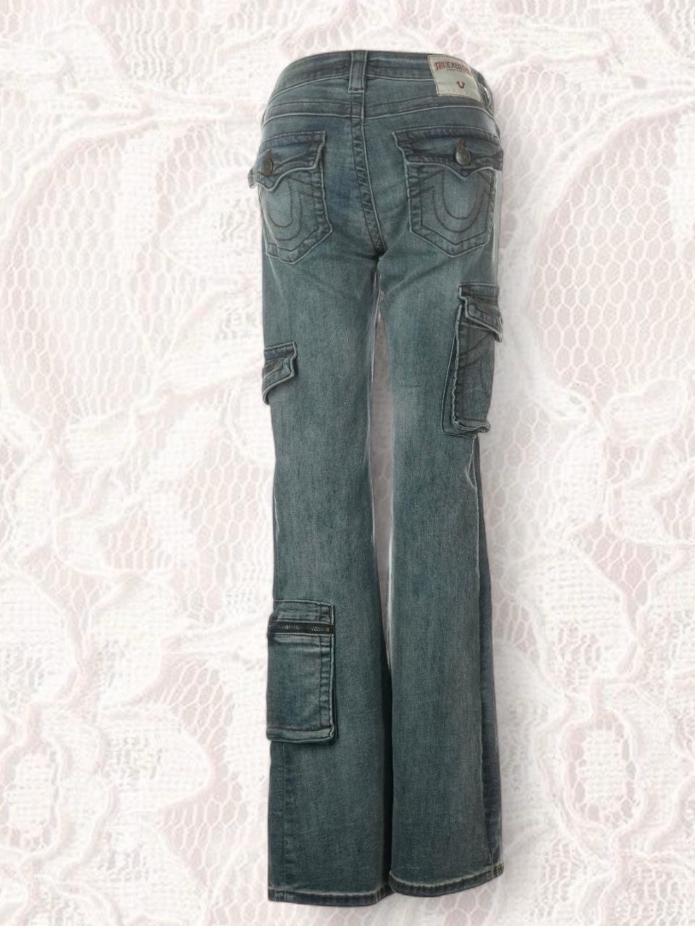 True Religion Grey Blue Becca Cargo Bootcut Low Rise Jeans